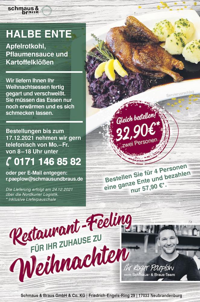 Das Restaurant Herr Grünfink in Neubrandenburg bietet ein Festtagsmenü zum Weihnachtsfest an. Foto: Schmaus & Braus GmbH & Co. KG